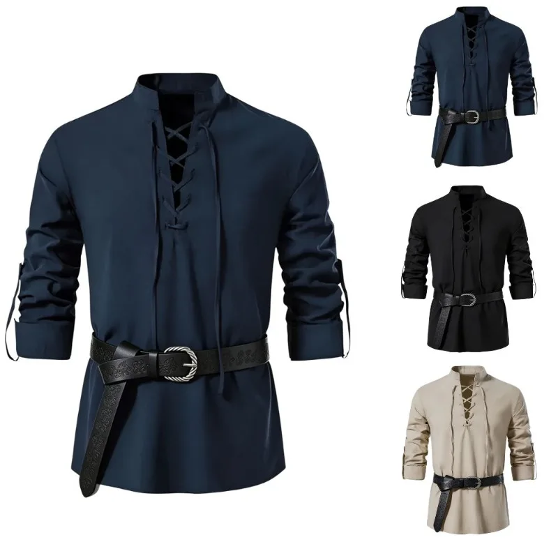 Medieval Gothic Lace Up Pirate Shirt - Men Medieval Viking Shirt Stand Collar