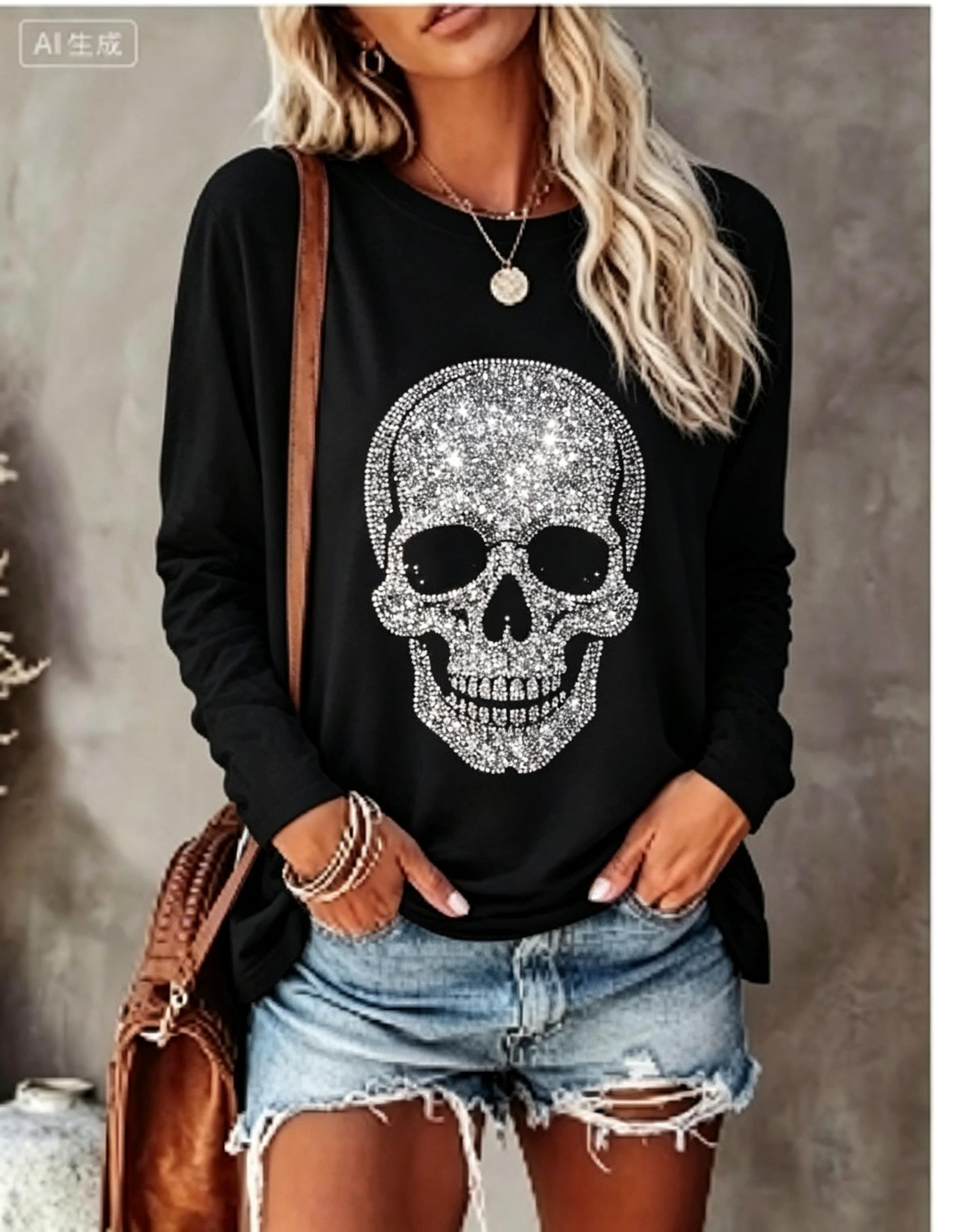 T-Shirts - Women Long Sleeve T‑Shirt Simulated Rhinestone